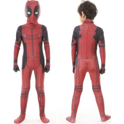 Kids Superhero Cosplay Deadpool Costume Halloween Party Boy Zentai Jumpsuit Wade Winston Wilson Cool Red Spandex Suit