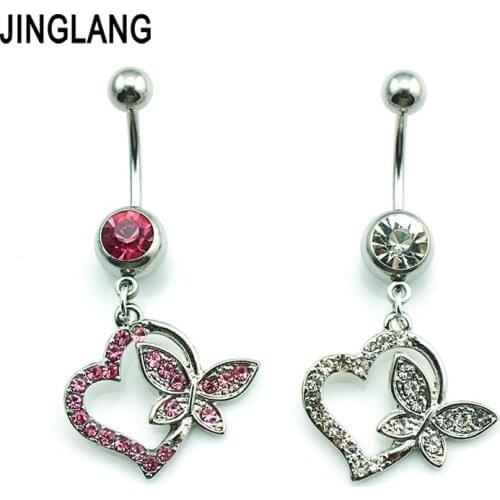JINGLANG Free Shipping New Belly Button Rings Stainless Steel Barbell Dangle 2 Style Rhinestone Heart Navel Piercing Jewelry