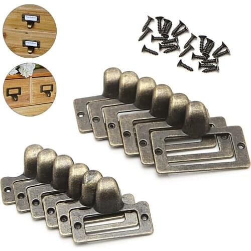 6x Handle File Name Card Cabinet Label Holder Antique Brass Drawer Pull Frame Furniture Hardware 59x31x45mm