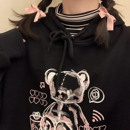 Korea Ulzzang bear cute womens hooded sweatshirt loose hip-hop streetwear tops retro punk casual Harajuku womens clothing Y2K