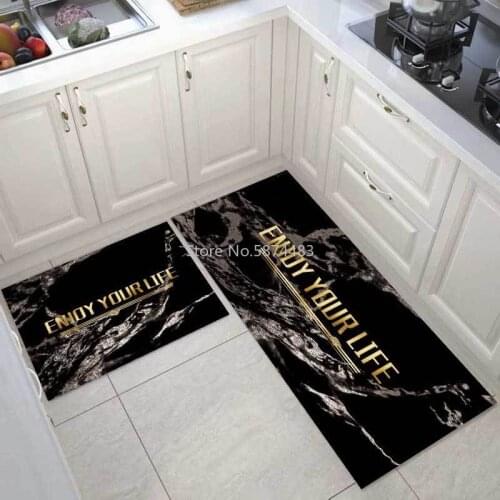 Fashionable modern minimalist black background marble pattern golden word kitchen mat entry mat bedroom long bedside blanket