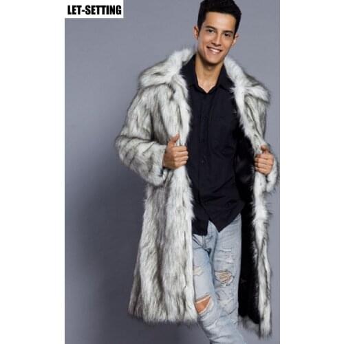 Male new Europe America autumn jacket winter square collar plus size imitation long fur coat 3XL,white fake men wool trench coat