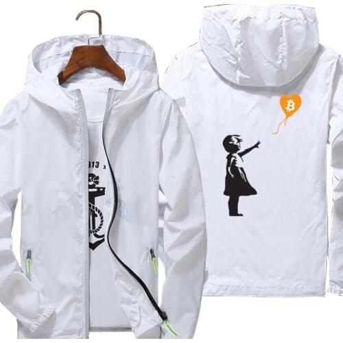 Mens Bitcoin Balloon Girl Banksy Crypto BTC Street Windbreaker Zipper Thin Casual Reflective Skin Jacket Coat Oversized 6XL 7XL