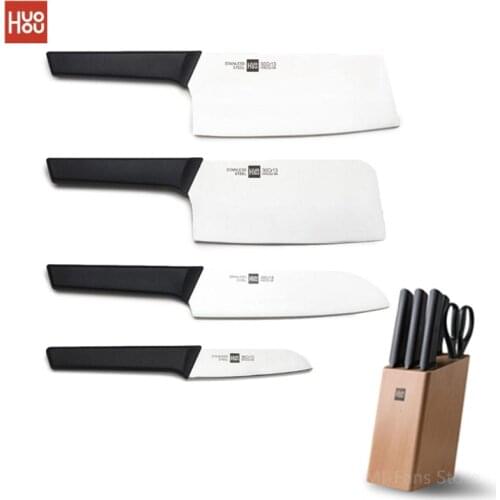 HUOHOU Stainless Steel Kitchen Knife Set 6pcs with Cutter Holder Chopping Knife Slicing Tool Fruit Knife Kitchen Scissor