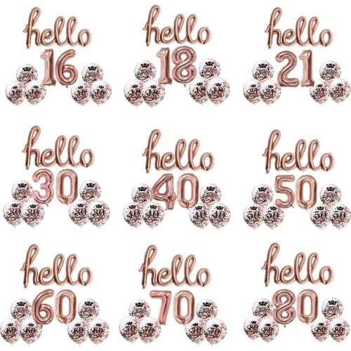 9Pcs Hello Balloons Set Number Balloons Figure Confetti Latex Balloon Hello 16 18 30 50 60 70 Birthday Party Decorations Adult