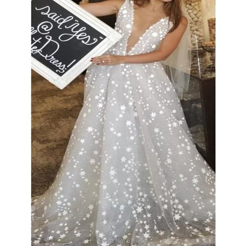 New Style Boho A Line Bridal Gown Deep Plunging V Neckline Flared Twinkling Stars Tulle Skirt Custom Made Wedding Dresses