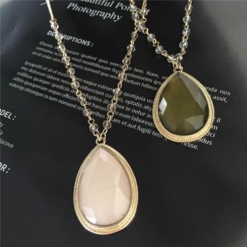 Casual Surface Cutting Stone Tear Drop Pendant Bead linked Long Necklace for Sweater Decoration Beige Or Olive Color