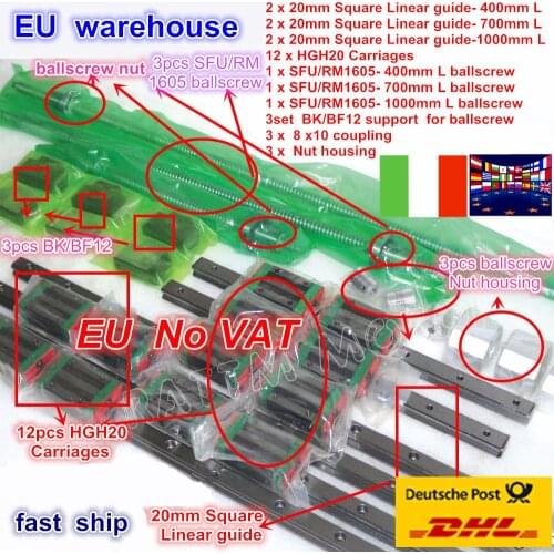 UA 3sets Square Linear Rails kit L-400/700/1000mm & 3pcs Ballscrew 1605-400/700/1000mm with Nut & 3set BK/B12 & Coupling for CNC