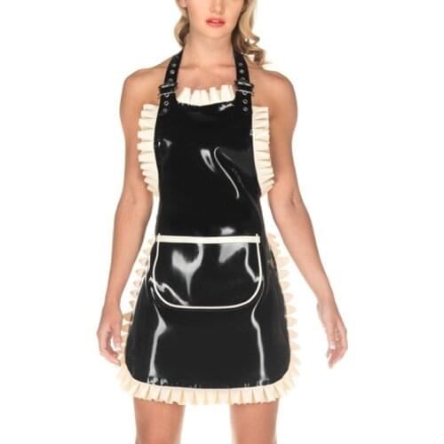 Sexy Womens Black Long Latex Apron Halter Style with White Trim Apron