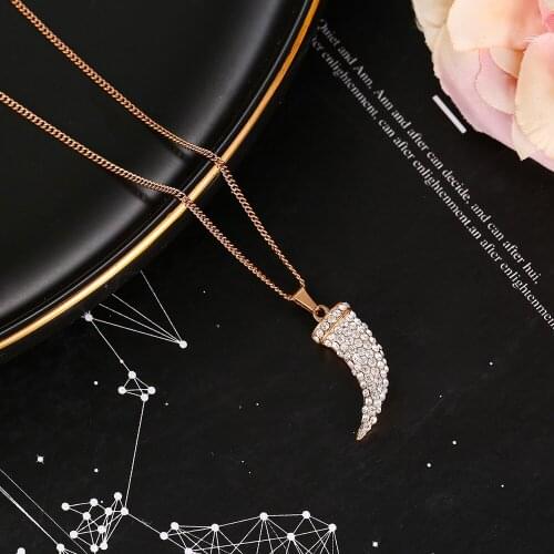 Rose Gold Crystal Horn Pendant Necklace For Women Birthday Party Gift Vintage Stainless Steel Necklace Fashion Jewelry 2019 New