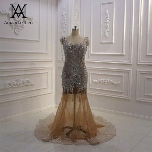 Robe sirene mariage Cap Sleeve Sheer Crystal Champagne See Through Sexy Wedding Dress