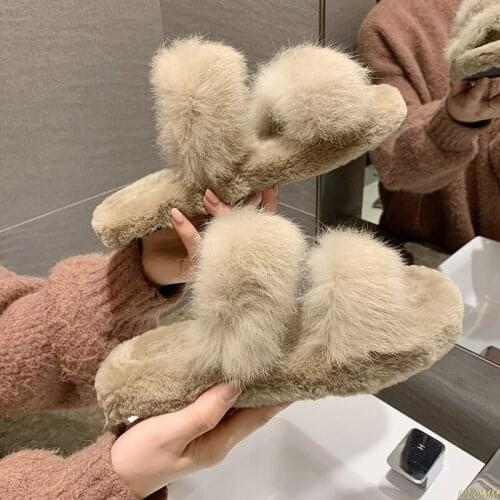 2020 Women Warm Winter New Rabbit Hair Slippers Female 2 Belt Fashion Wear Thick Platform Soft Fur Flat Slides Shoes