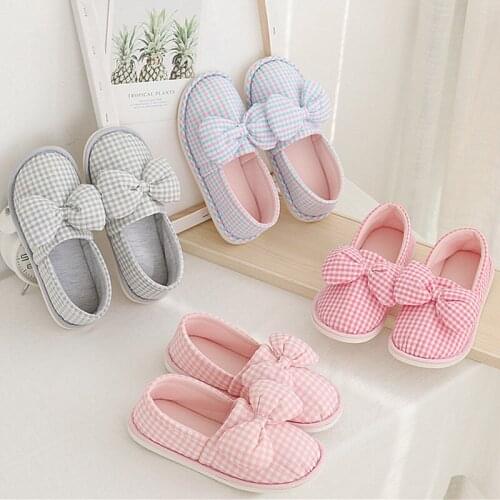 Mntrerm 2021 Big bow home shoes plaid pattern shoes home slipper warm indoor shoes Lovely Ladies Home Floor Soft Women Slippers