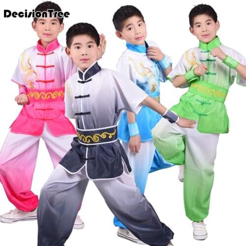 2021 chinese outfits for kids tai chi wushu kids kung fu uniform martial arts performance suit embroidery dragon gradient color
