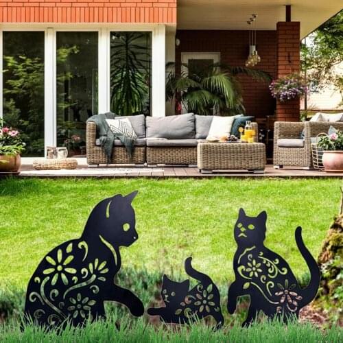 3PCS Outdoor Metal Kitten Decorative Garden Stakes Cat Silhouette Garden Decoration for Outdoor Lawn Black Ornaments Yard Sign