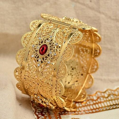 Annayoyo 24K Fashion luxurious Red stone Dubai Gold Color For Women Girls Elegant Arab/Ethiopian bridal Wedding Bracelet Gifts