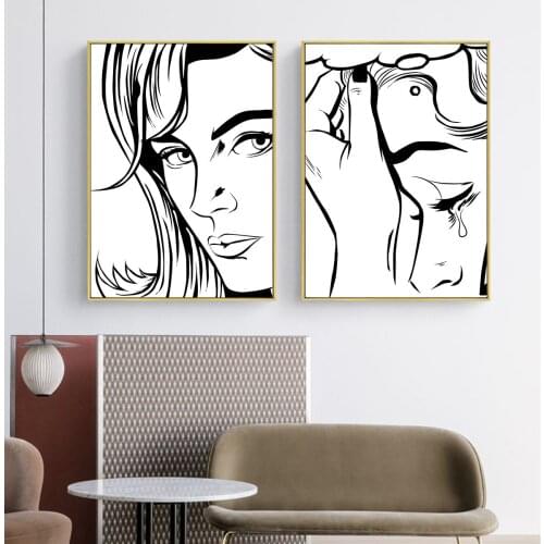 Black and White Cartoon Women Cry Hanging Picture Poster Canvas Print Painting Wall Art Living Room Home Decoration