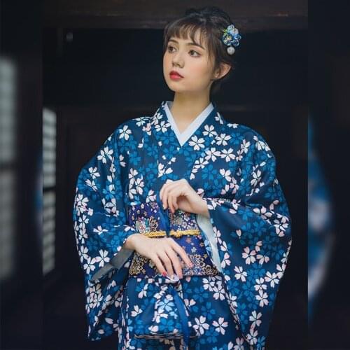 Floral Vintage Japanese Women Kimono Formal Evening Dress Classic Yukata With Obi Blue Long Robe Girls Cosplay Costume FF2357