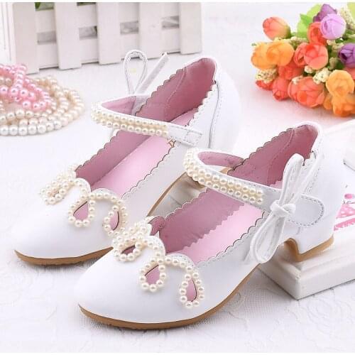 Children Leather Dance Shoes Pearl High-heeled for Girls Kids Princess Performance Shoes Solid Color White Pink SW006