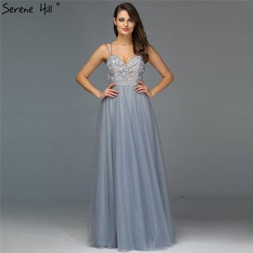 Elegant A-Line Blue Diamonds Beading Evening Dressese Design Sleeveless Sexy Formal Dress Long Serene Hill 2020 LA70146