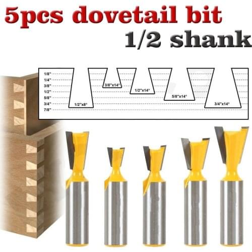 5pcs/set High Quality Industry Standard 1/2" Shank Dovetail Router Bit Cutter wood working