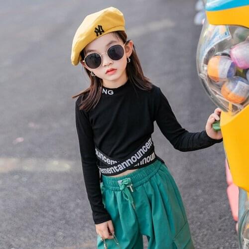Girls Pure Cotton T-shirt 2021 Spring New Casual Girl Short Letter Long-sleeved Style Bottoming Shirt Top Kids Dance T-shirt