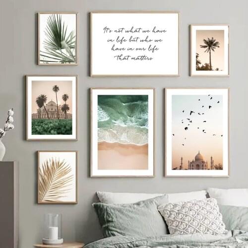 Taj Mahal Strelitzia Palm Tree Sea Beach Wall Art Canvas Painting Nordic Posters And Prints Wall Pictures For Living Room Decor