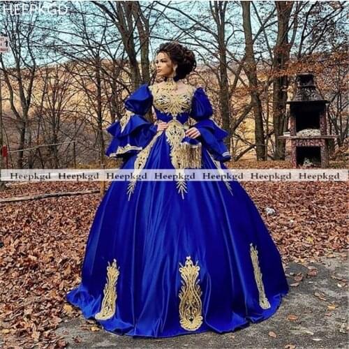 Royal Blue Ball Gown Arabic Evening Dress 2021 Gold Lace Satin Princess Wedding Party Gowns Muslim Long Sleeves Prom Dresses