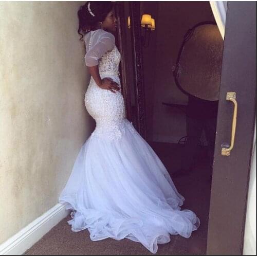 Beautiful 3/4 Sleeves Garden African Wedding Dresses Sweep Train Lace Appliques Mermaid Vestido de Noiva Bridal Gowns with Beads