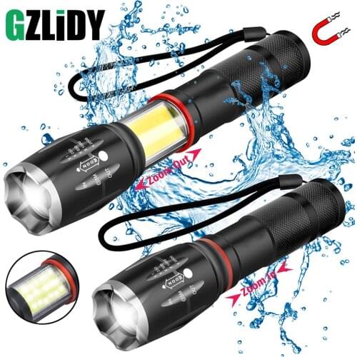 Multifunction Led Flashlight Powerful T6 L2 Waterproof Zoom Torch COB Design Flashlight Tail Super Magnet Design Camping Lamp