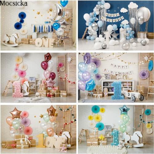 Mocsicka Children 1st Birthday Photo Props Studio Booth Background Balloons Bears Stars Toys Decor Baby Shower Backdrops Banner