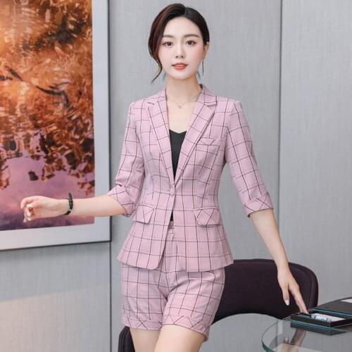 Summer Short Sleeve Elegant Plaid Formal Uniform Designs Women Business Suits with Shorts and Jackets Professional Blazers Set