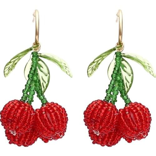 Hand-woven crystal beaded red cherry earrings cute fruit drop earrings Korean fashion jewelry for women. Wholesale