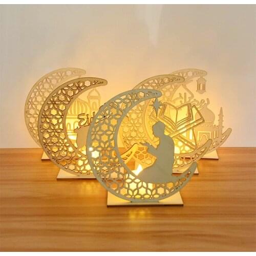Ramadan Eid Mubarak Moon LED Candles Lights Wooden Plaque Hanging Pendant Home Islam Muslim Event Party Decoration Supplies