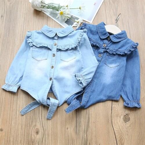 2020 New Style Spring Baby Girls Blouse Turn-down Collar Ruffles Children Cownboy jeans Shirts Kids High Quality Outerwear