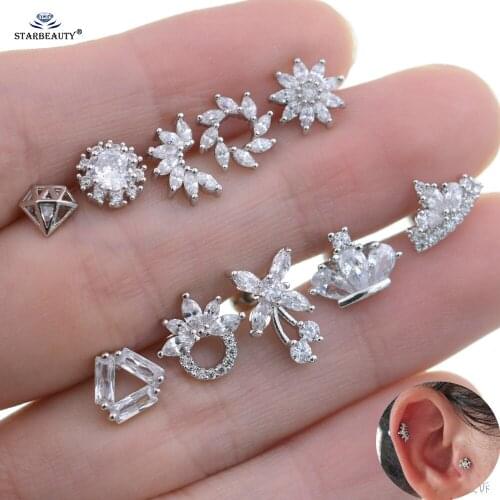 2Pcs Silver Color Crystal Bowknot Crown Ear Studs Zircon Helix Piercing Tragus Conch Cartilage Earrings Nose Ring Lobe Jewelry