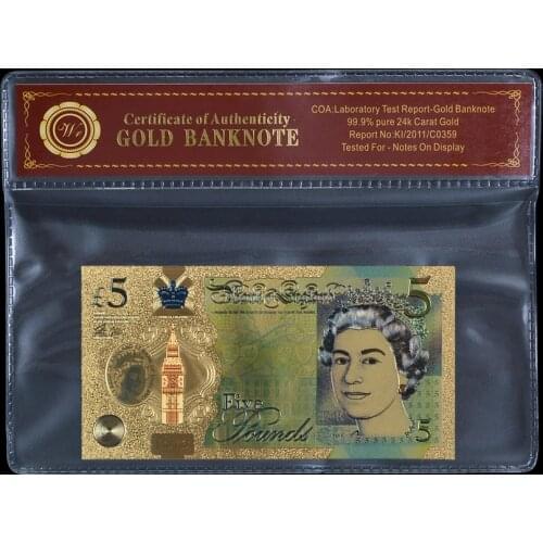 WR NEW UK Pound 24k Gold Banknote Colorful Paper Money 5 Pound with COA Frame Elizabeth II Banknote World for Collection Gifts