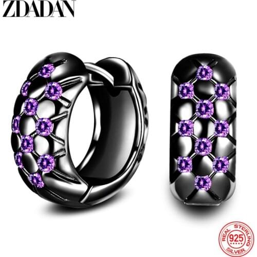 ZDADAN 925 Sterling Silver Amethyst Black Hoop Earrings For Women Fashion Wedding Engagement Party Jewelry Gifts