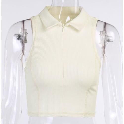 Women Sleeveless Slim Elastic Crop Tops Knitted Cotton Lady Summer Casual Tops Turn-Down Collar Front Zipper Tank Tops