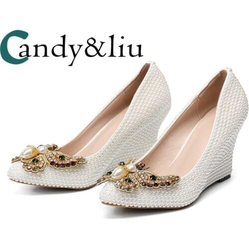 Colorful Crystal Butterfly Super High Heel Wedge Pumps White Peral Thin Heel Pointed-toe Slip-on Women Shoes for Party Banquet