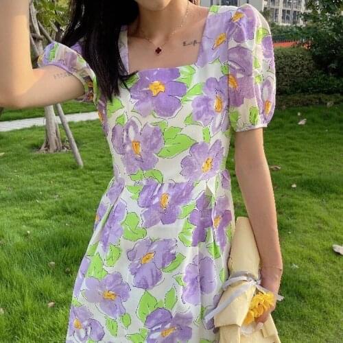 Woman Dress Flower Square Neck Short-sleeved Dress Female Summer New Korean Style High-waisted Thin A-line Short Skirt