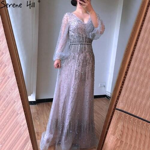 Beading Long Sleeves Sexy Formal Dress Women Elegant 2020 Grey A-Line Luxury Sparkle Evening Gown Serene Hill BLA70642