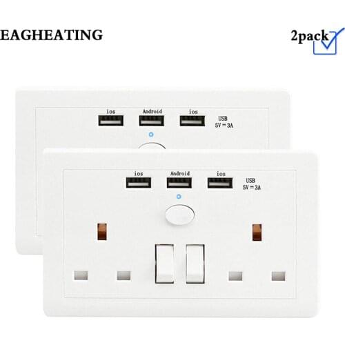 2 PACK Multi-Functional UK Plug Socket Wall Power Outlet Socket with USB Port For Phone Charging 250V Double Switchs Household