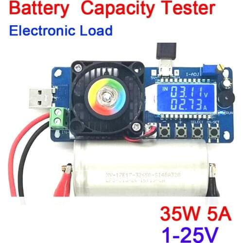 35W 5A Constant Current Electronic Load 1V-25V USB Battery Power Tester Discharge Capacity Tester meter 12V 24V Charging detect