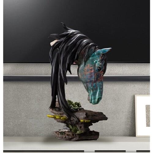 40CM FAUX WOOD HORSE HEAD STATUE PAINTING ART ANIMAL DECORATIVE FIGURINE RESIN ART&CRAFT HOME DECORATION R194