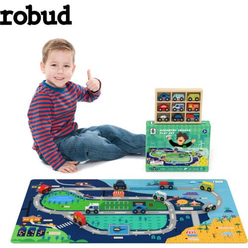 Wooden Cars Vehicle Toy Set Educational Puzzle Toy Compatible Brand Wooden Track with Play Mat Toy Gift for Kids Toddle