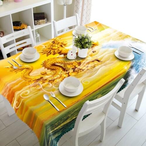 Home Textile Polyester 3d Tablecloth Yellow Chinese Dragon Pattern Washable Cotton Rectangular&Round Table cloth Home Decoration