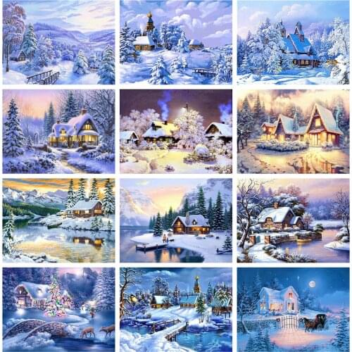 Huacan 5D DIY Diamond Painting Winter Full Square House Diamond Embroidery Mosaic Landscape Decorations Home