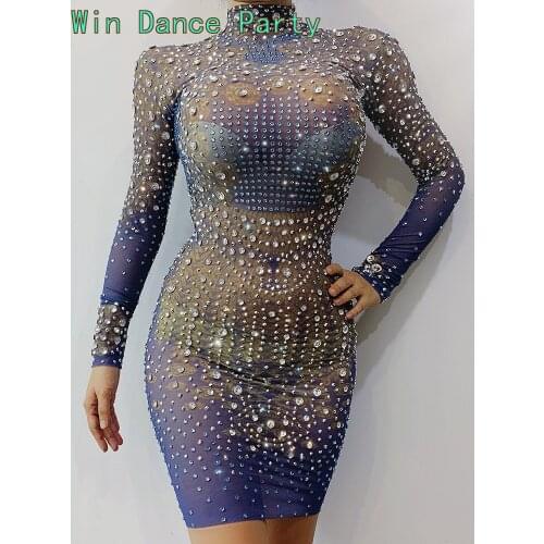 Instagram celebrity Sexy Singer Rhinestones Mesh Dress Party Women Evening Prom Birthday Celebrate Transparent Pencial Dress