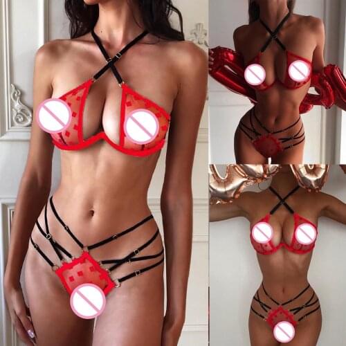 Women Charming Lingerie Set Printed Lace Mesh Sexy Lingerie Cross See-through Bra G-string Underwear Lenceria Transparente Mujer